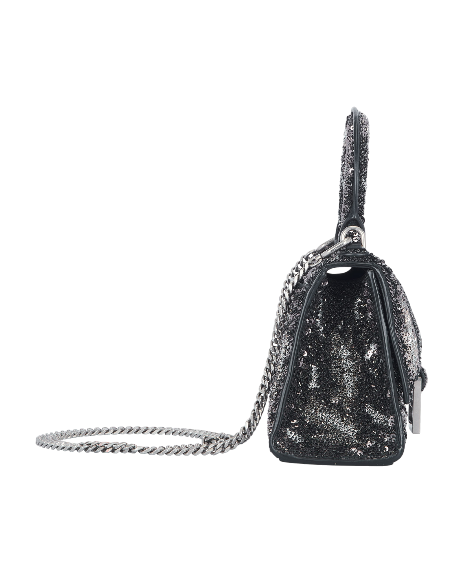 Hourglass XS Top Handle, &pound;850, Handbags, Black/Grey, Leather/Sequins, Side view